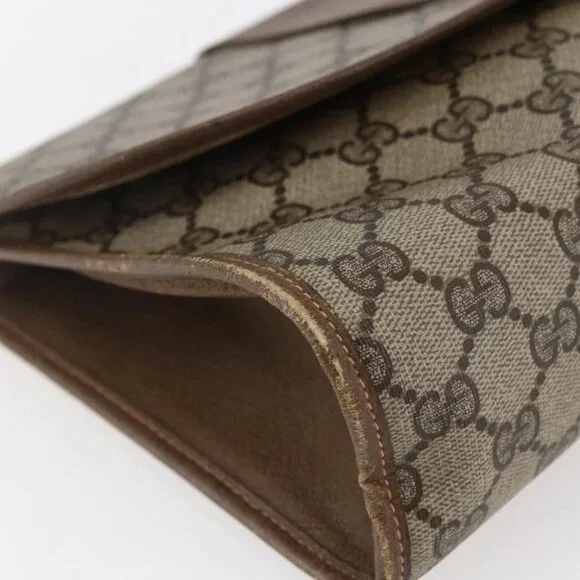 GUCCI GG Supreme Web Sherry Line Clutch Bag PVC Leather Beige Red
